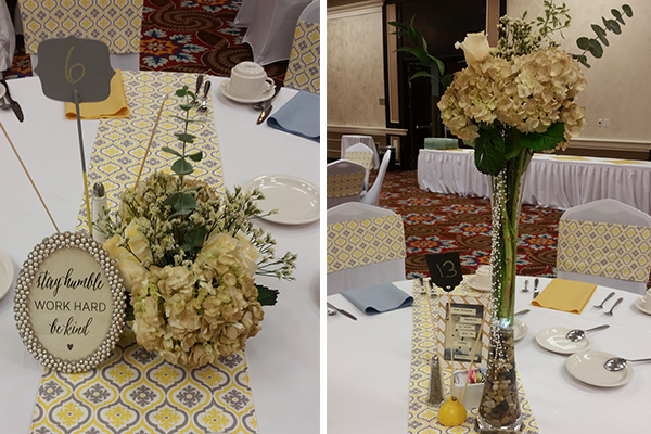Gray and Yellow Centerpiece by Pixie Dust Events 